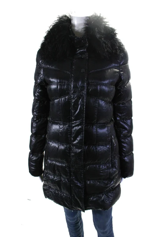 Add Womens Long Sleeve Zipped Fur Trimmed Quilted Puffer Jacket Black