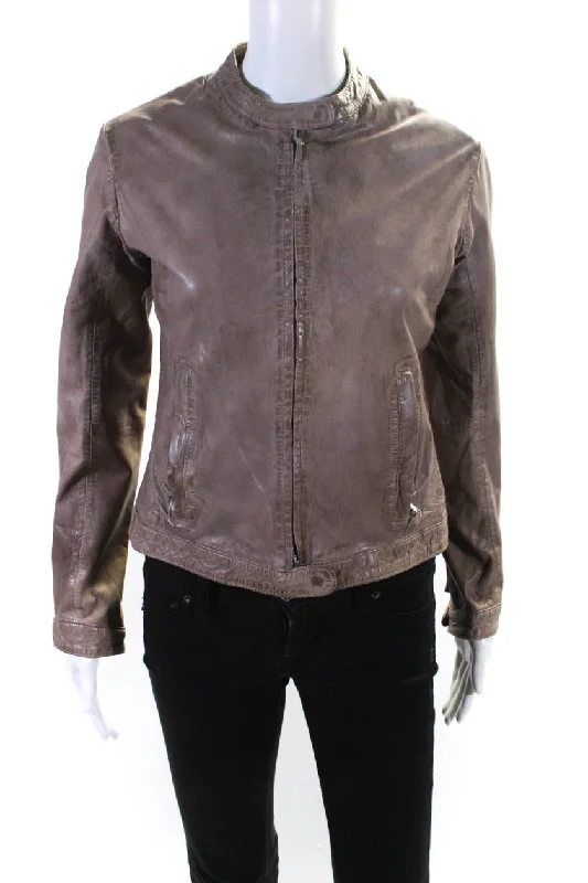 Bully Womens Long Sleeve Front Zip Crew Neck Leather Jacket Brown