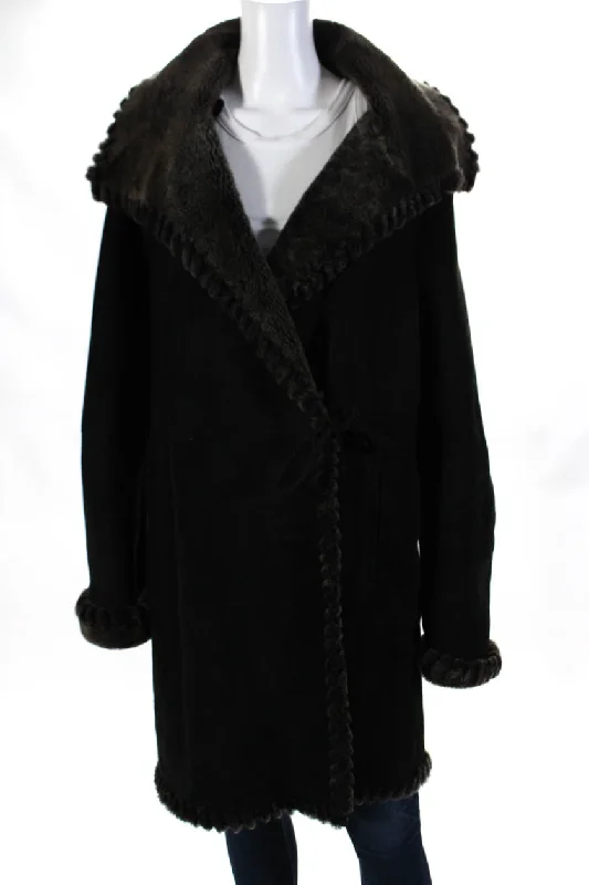 Christina Womens Suede Fur Lined Long Sleeve Tie Front Overcoat Black