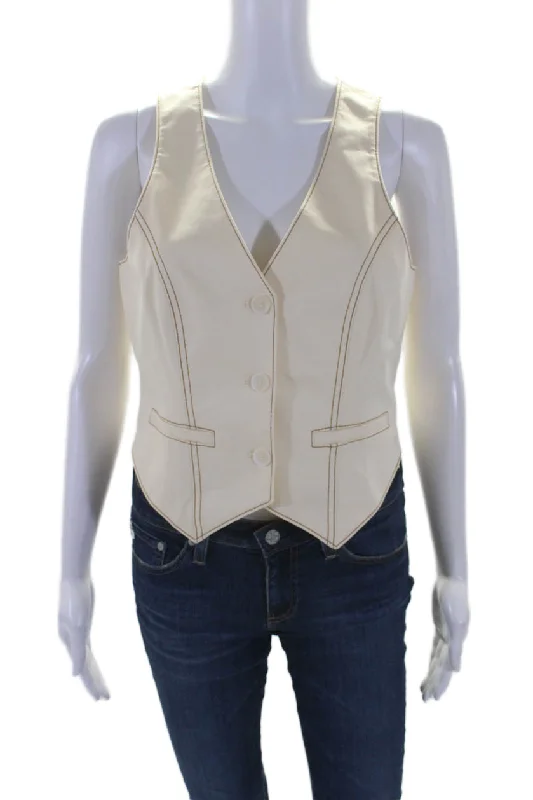 Cinq A Sept Womens Organic Cotton Two-Toned V-Neck Button Up Vest Beige