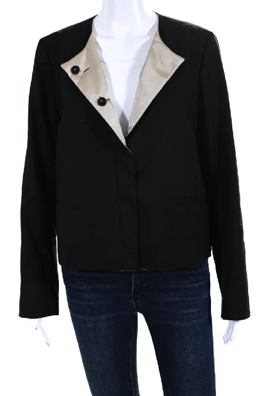 CIVIDINI Womens Crew Neck Gabardine Snap Jacket Black Wool