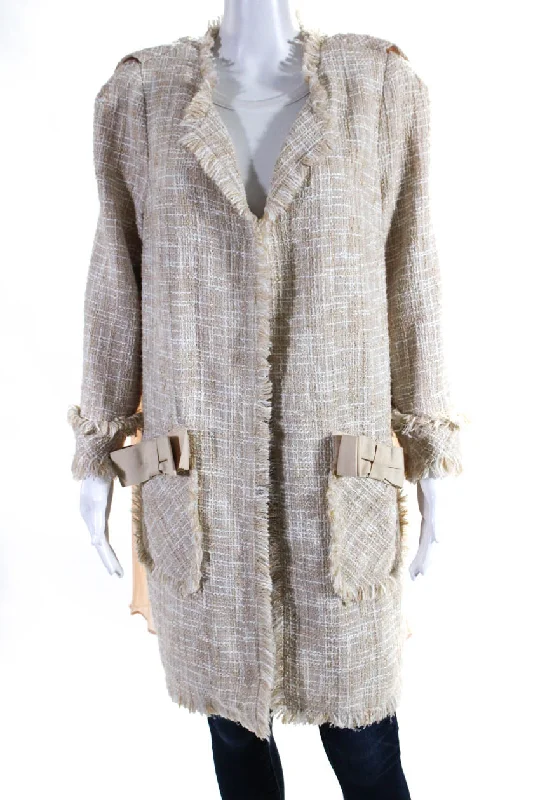 Edward Achour Womens Pleated Chiffon Tweed Hook & Eye Jacket Beige Ivory FR 46