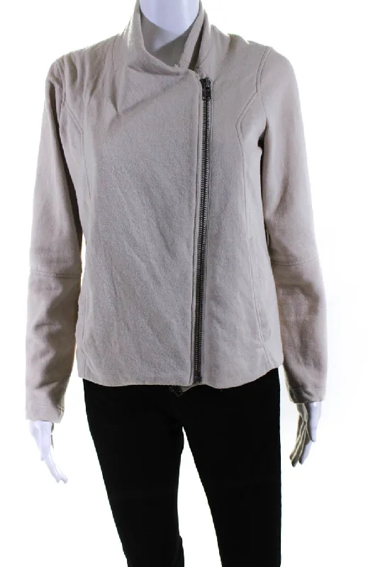 Helmut Lang Womens Front Zip Quilted Trim Crew Neck Jacket Beige