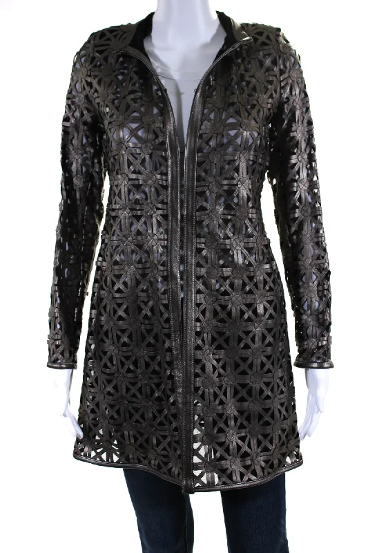 In Transit Womens Laser Cut Metallic Mesh Leather Jacket Brown Black