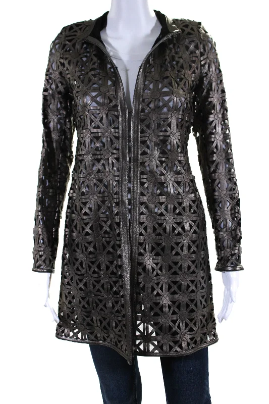 In Transit Womens Laser Cut Metallic Mesh Leather Jacket Brown Black