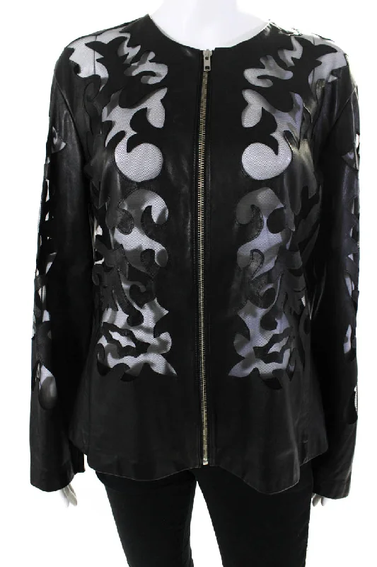 In Transit Womens Leather Cutout Mesh Full Zip Crew Neck Jacket Black