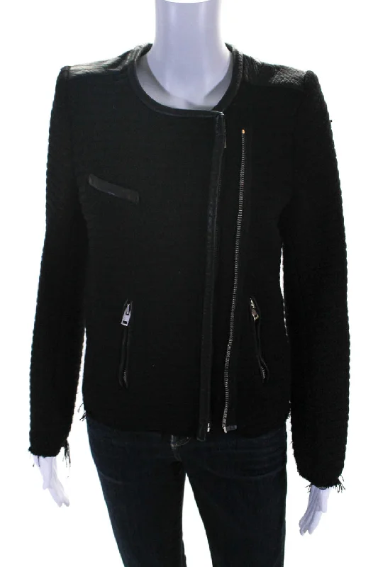 IRO Womens Leather Trim Full Zipper Maiden Jacket Black Wool