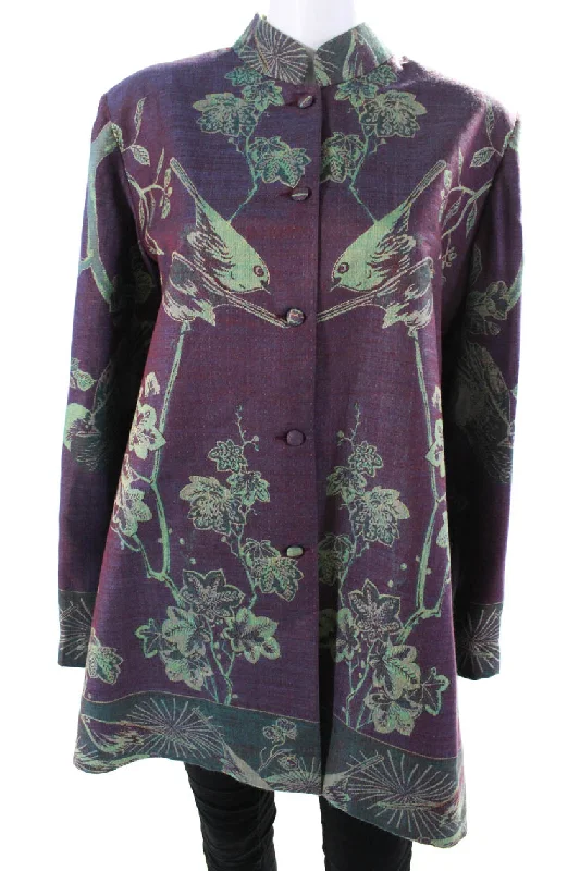 Jennifer T Womens Birds Floral Jacquard Jacket Purple Green Cashmere Silk IT 46