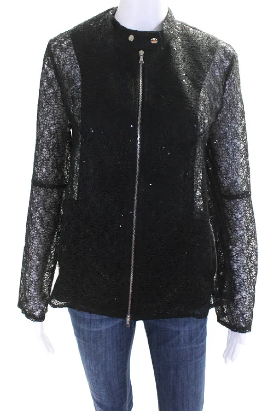 Jonathan Cohen Womens Front Zip Sequin Lace Overlay Jacket Black