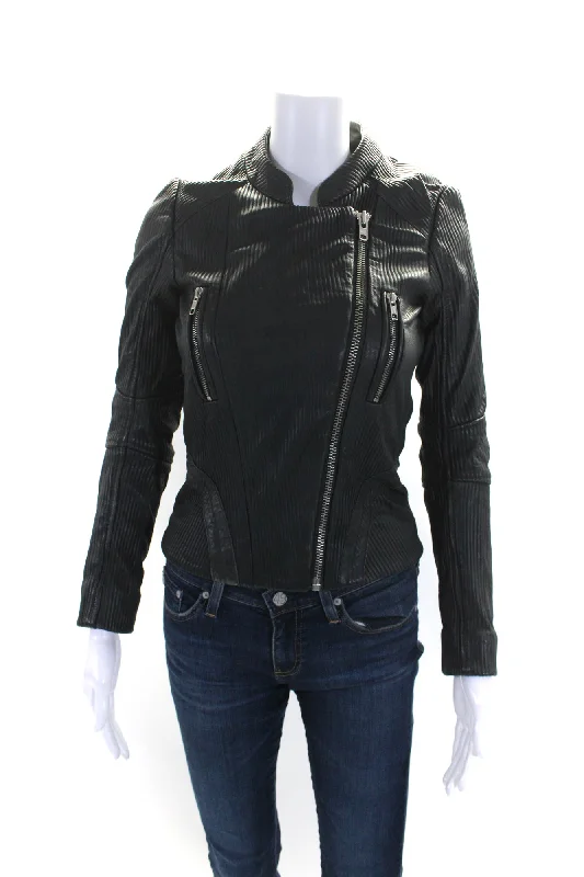 Maje Womens Ribbed Leather Asymmetrical Moto Jacket Dark Gray