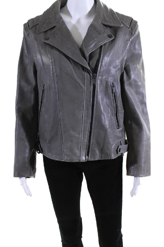 R Paris Womens Gray Leather Full Zip Long Sleeve Motorcycle Jacket