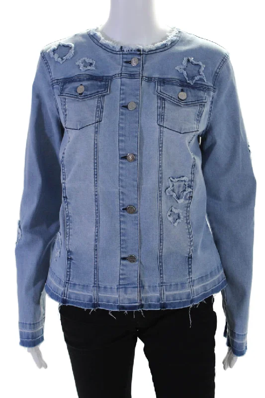 Renuar Womens Cotton Denim Star Embroidery Button Down Jean Jacket Blue