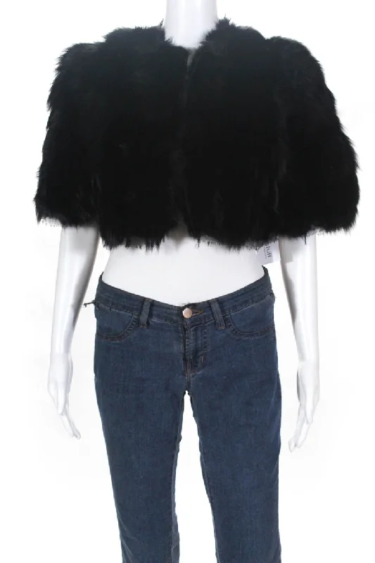 Roberto Cavalli Womens Fox Fur Fringe Cropped Coat Black