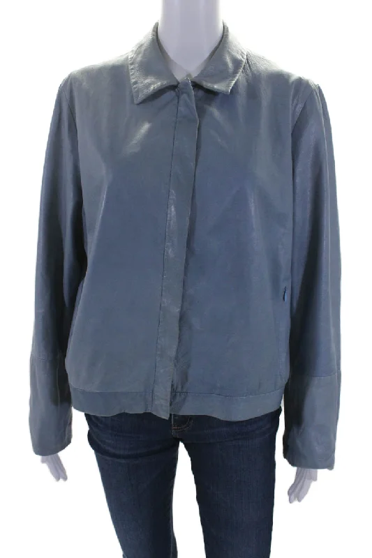 'S Max Mara Womens Leather Full Zipper Long Sleeves Jacket Blue