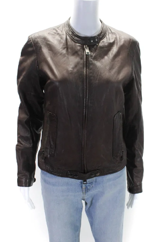 S.W.O.R.D Womens Faux Leather Zipped Round Neck Snap Button Jacket Brown