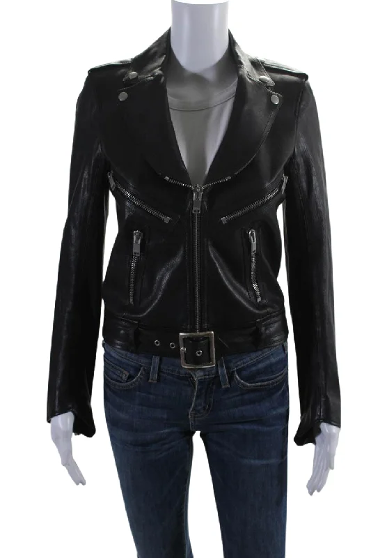 Saint Laurent Womens Leather Silver Tone hardware Biker Jacket Black