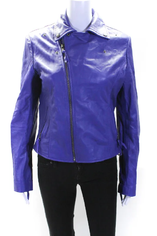 Souleiado Womens Leather Full Zipper Closure Motorcycle Jacket Blue