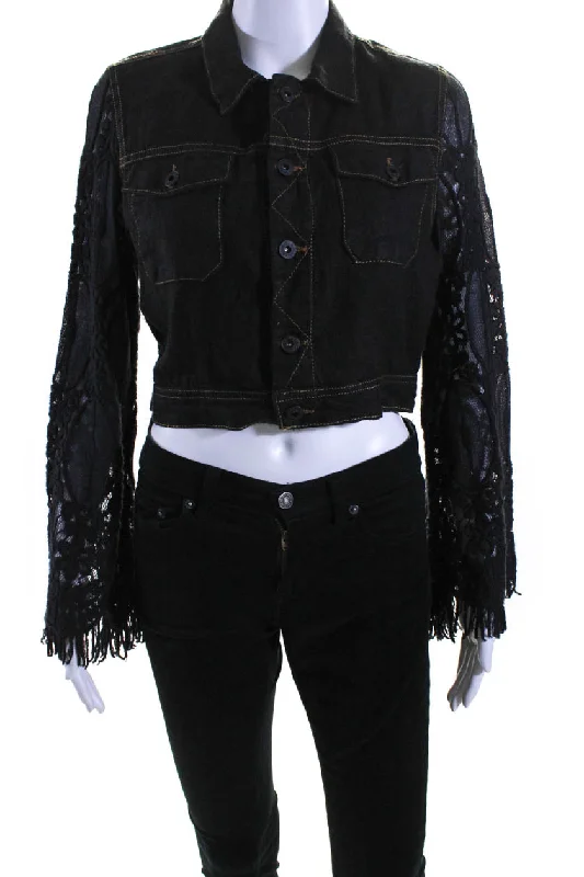 Sunday Womens Lennon Mesh Embroidered Sleeve Linen Crop Jacket Black