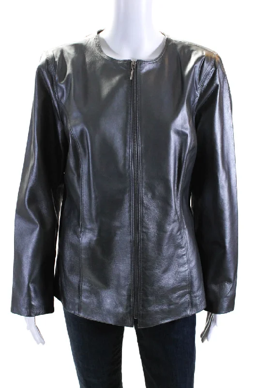 Terry Lewis Womens Metallic Silver Leather Crew Neck Long Sleeve Jacket