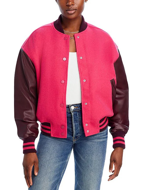 Varsity Womens Faux Leather Trim Striped Bomber Jacket