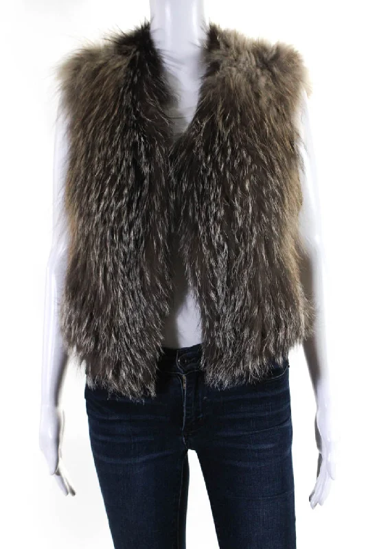 Vince Womens Hook Front V Neck Knitted Fox Fur Vest Jacket Brown