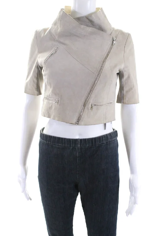 Yigal Azrouel Womens Suede Cropped Short Sleeves Jacket Beige