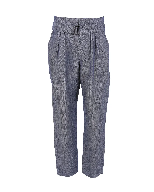 Brunello Cucinelli Belted Pleated Trousers in Blue and White Hemp Linen