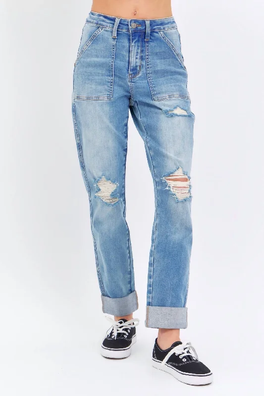 High Rise Patch Pocket Destroyed Boyfriend Jean In Medium Wash