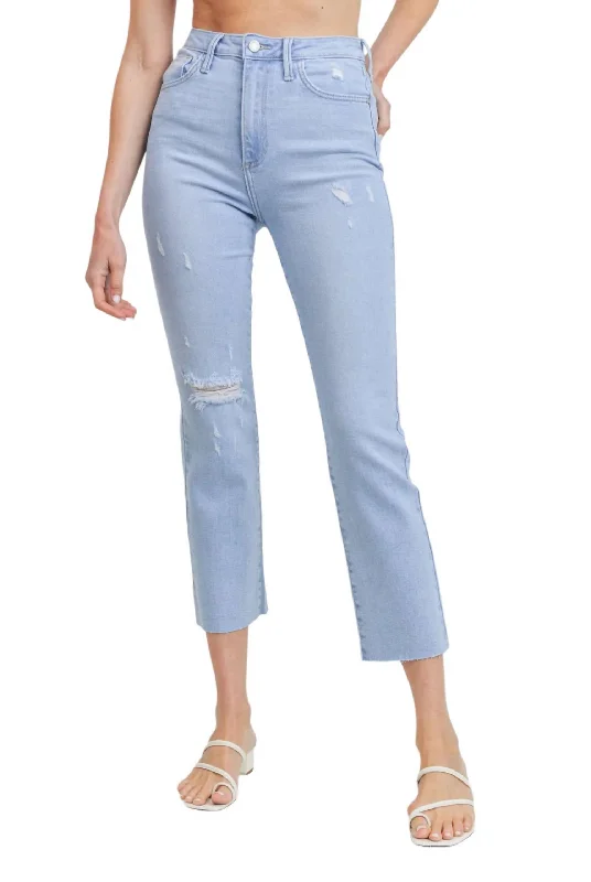 One Knee Distressed Straight Jean In Light Wash