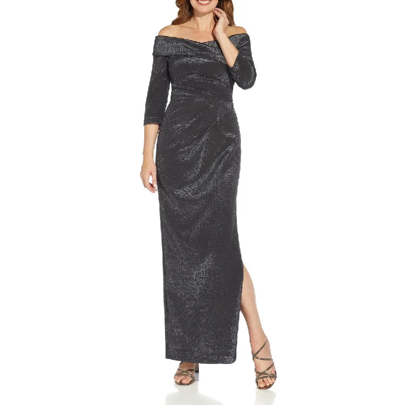 Adrianna Papell Womens Metallic Off-the-Shoulder Evening Dress