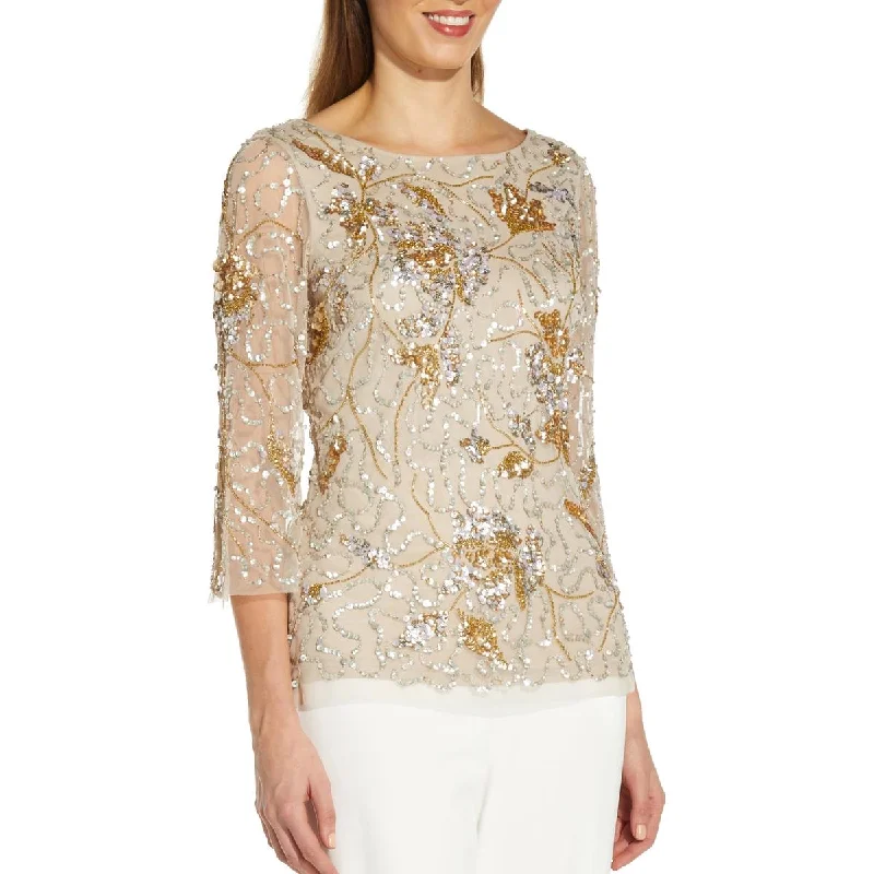 Adrianna Papell Womens Sequined Burnout Blouse