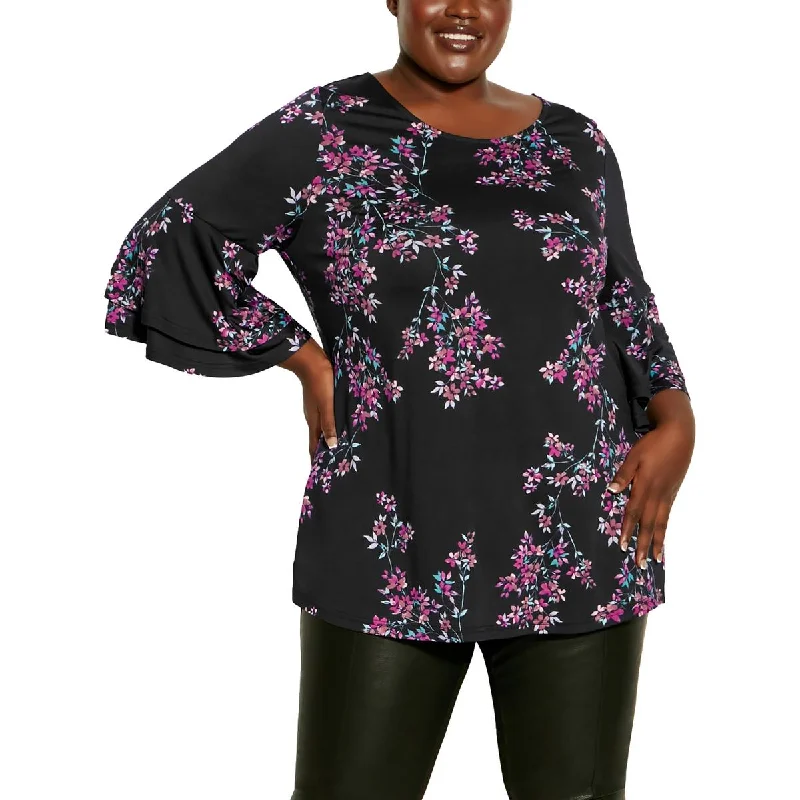 Arna York Womens Plus Belview Floral Print Bell Sleeve Blouse