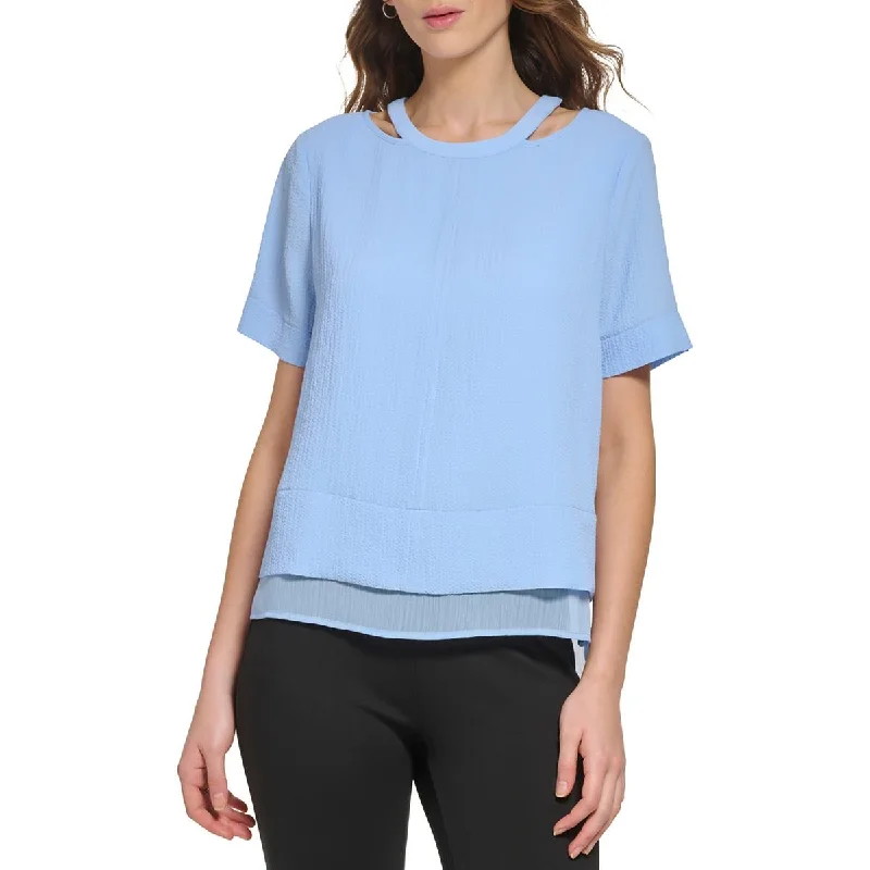 DKNY Womens Crinkle Cut-Out Blouse