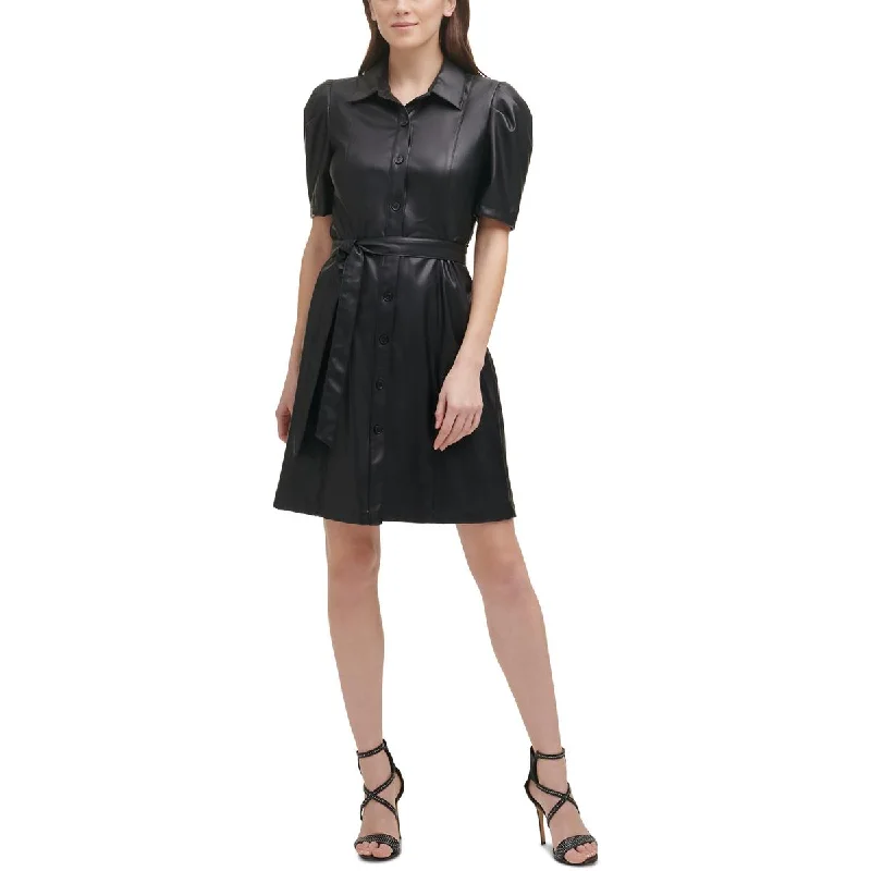 DKNY Womens Faux Leather Knee-Length Shirtdress