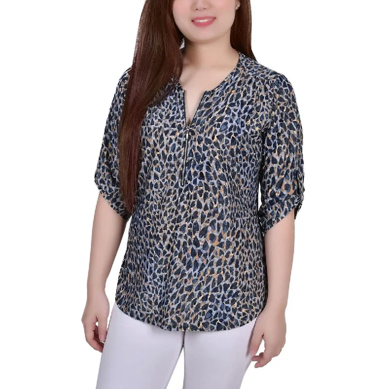 NY Collection Womens Animal Print Stretch Button-Down Top