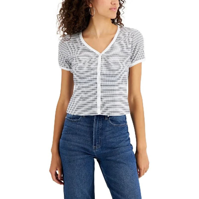 Self E Womens Juniors V Neck Knit Button-Down Top