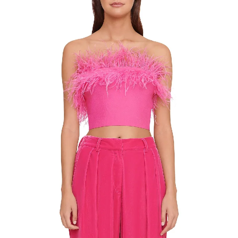 STAUD Womens Nellie Faux Feather Trim Short Cropped