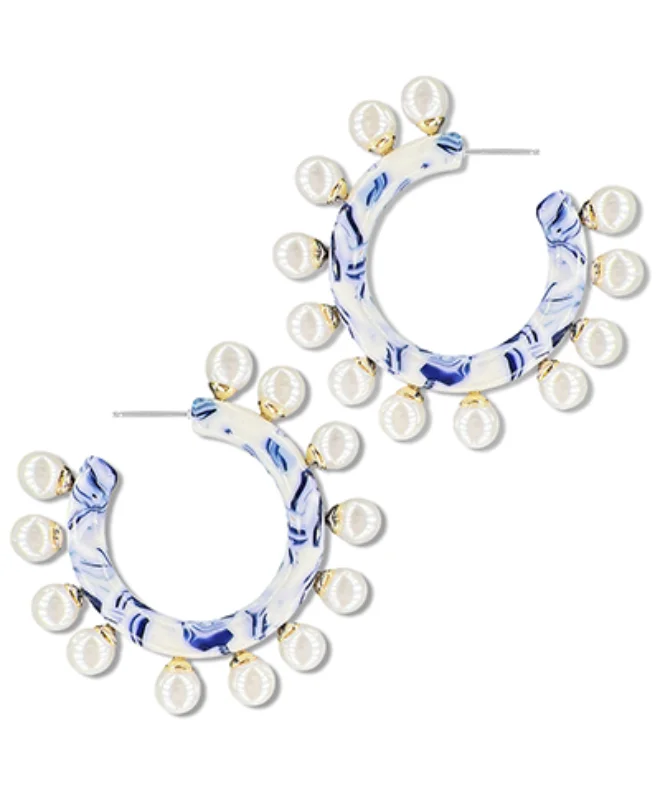 Blue Cream Pearl Hoop Earrings