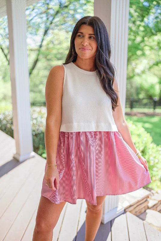 Nautical Stripe Red Poplin Dress