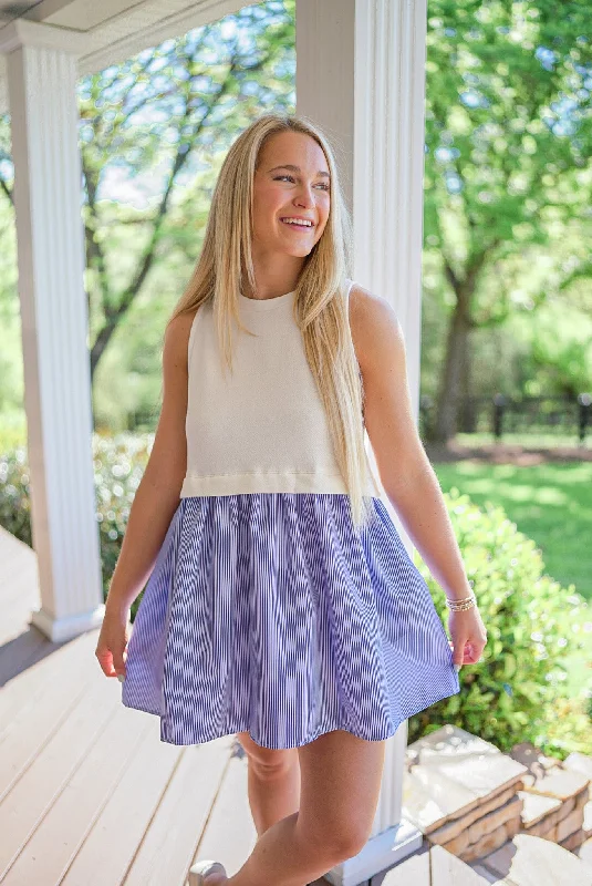 Nautical Stripe Blue Poplin Dress