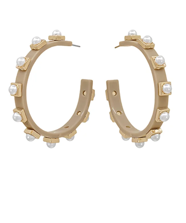 Tan Pearl Studded Hoop Earrings